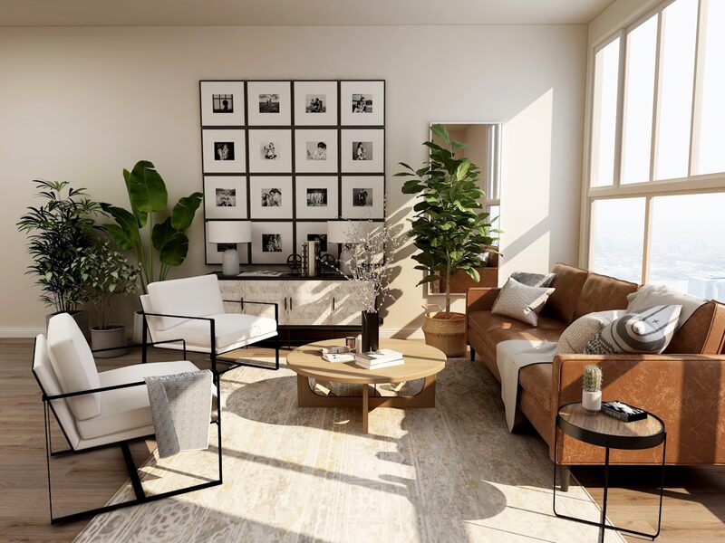 Modern living room interior with warm lighting and curated decor